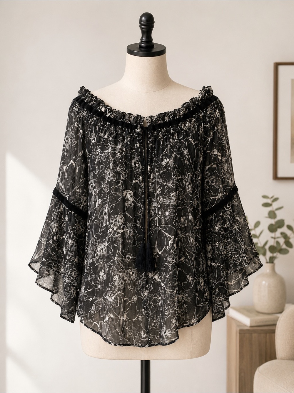 Women's Black Floral Off-Shoulder Blouse with Tassel Tie